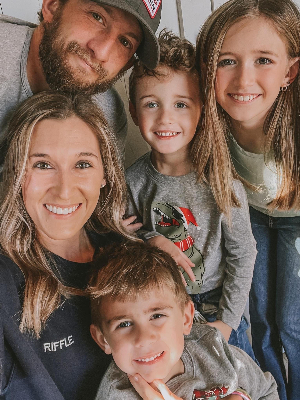 The Riffles - Dakota (Dad), Maverick (top middle, Neuroblastoma Survivor 07/30/2019), Alayna, Jessica (Mom), Watson (bottom right - Pilocytic Astrocytoma 01/09/23)